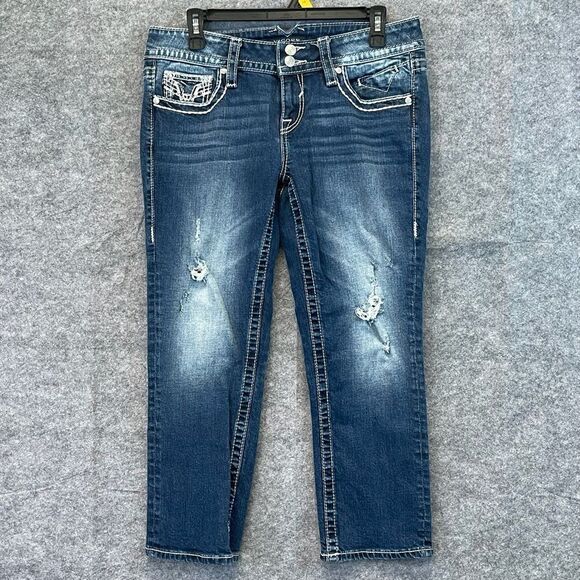 VIGOSS Chelsea Capri Jeans Women’s 7/8 Blue Cropped Distressed Stretch Contrast - Picture 1 of 16